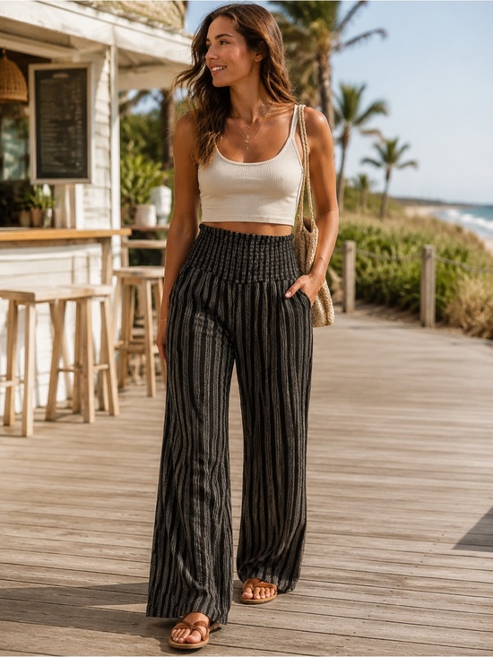 Billabong Pants - Billabong New Waves Stripe Wide Leg Pants Size Small Smocked Cotton Travel